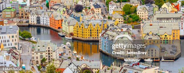 scenic mountaintop aerial view of bergen norway - bergen norway stock pictures, royalty-free photos & images