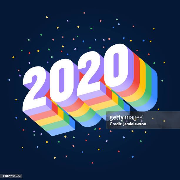 illustrazioni stock, clip art, cartoni animati e icone di tendenza di buon anno 2020, numeri 3d dai colori vivaci su sfondo scuro - 2020
