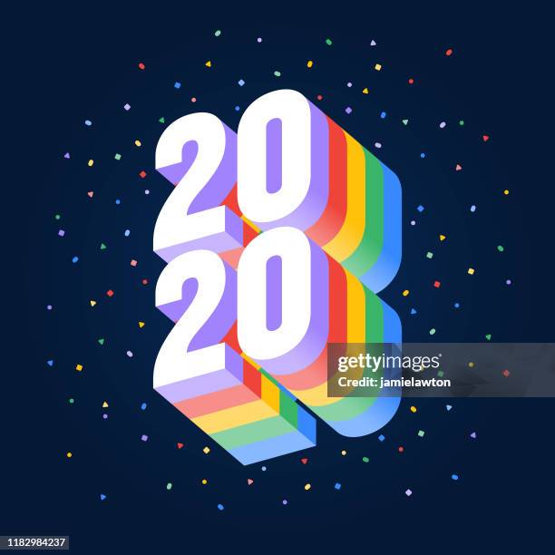 happy new year 2020, brightly coloured 3d numbers on a dark background - rainbow confetti stock illustrations