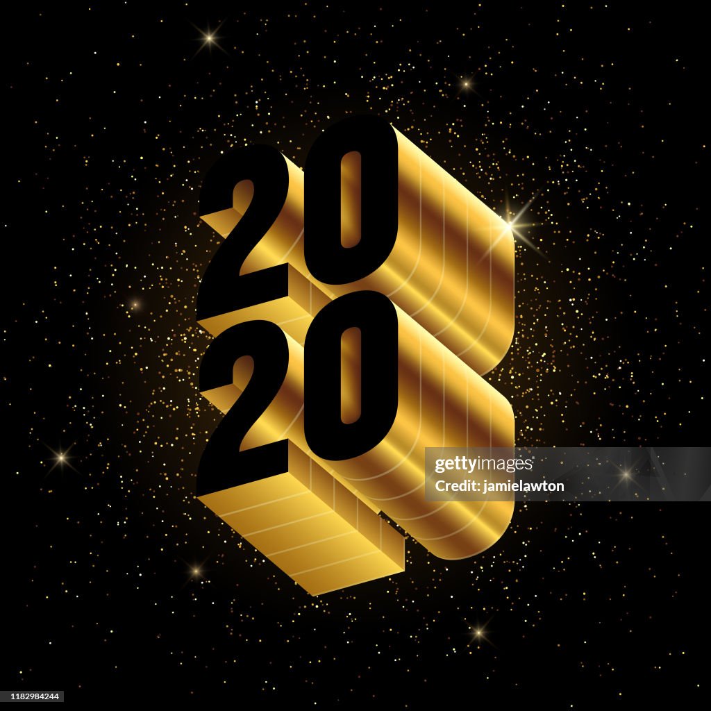 Happy New Year 2020, Gold 3D Numbers on a Dark Background