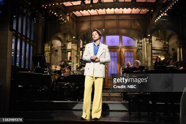Harry Styles" Episode 1773 -- Pictured: Host Harry Styles during the monologue on Saturday, November 16, 2019 --