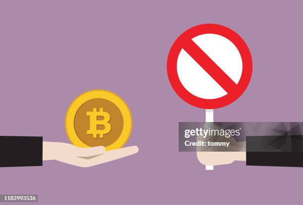 businessman show prohibition sign to cryptocurrency coin - keep out sign stock illustrations
