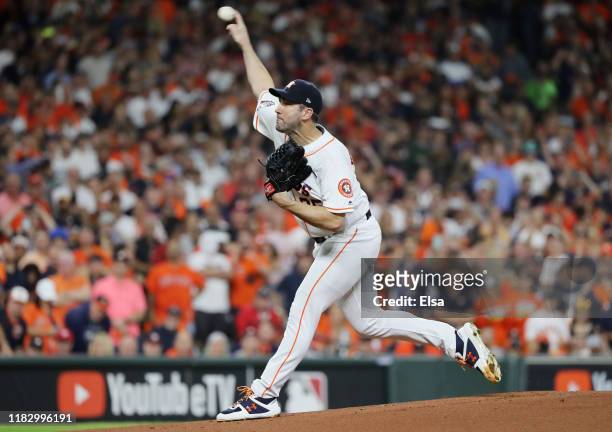 Justin Verlander of the Houston Astros delivers the pitch against the Washington Nationals during the first inning in Game Two of the 2019 World...