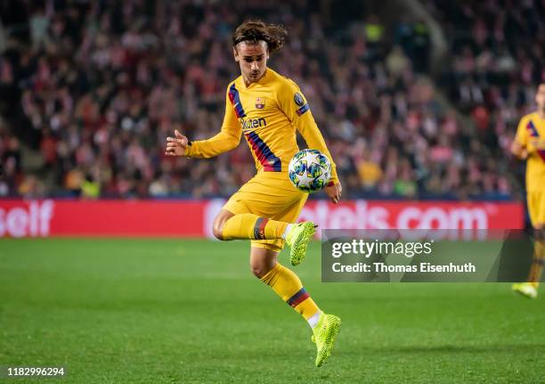 Antoine Griezmann of Barcelona in action during the UEFA Champions League group F match between Slavia Praha and FC Barcelona at Eden Stadium on...