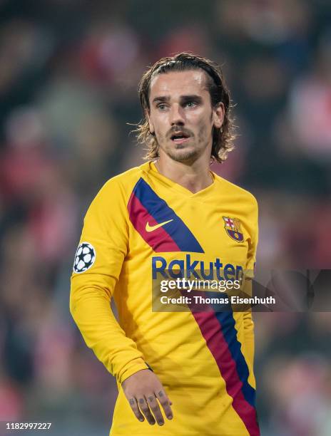 Antoine Griezmann of Barcelona reacts during the UEFA Champions League group F match between Slavia Praha and FC Barcelona at Eden Stadium on October...