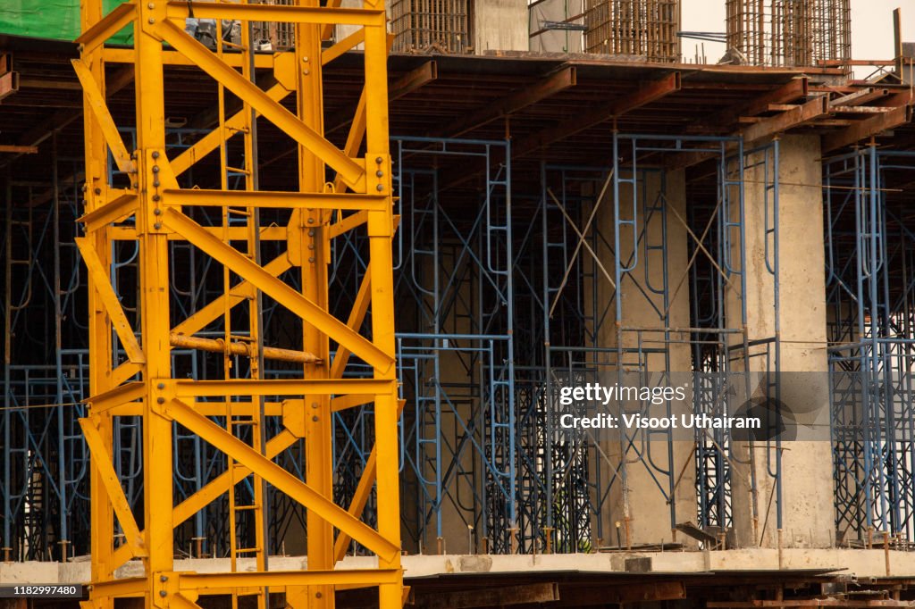 Steel scaffolding structure on the construction site.