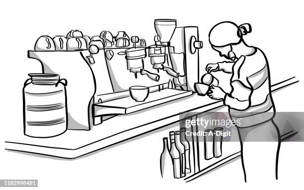 barista making a latte - kitchen bench stock illustrations