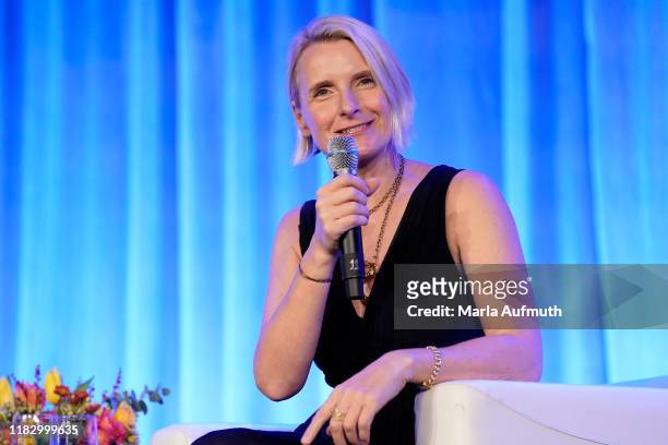 Author Elizabeth Gilbert, Eat Pray Love, Committed: A Love Story speaks on stage during the Opening Night of Texas Conference for Women 2019 at...