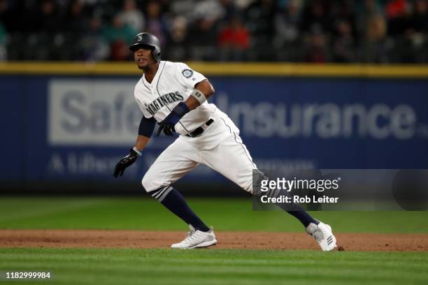 Keon Broxton of the Seattle Mariners runs during the game against the Oakland Athletics at T-Mobile Park on September 28, 2019 in Seattle,...