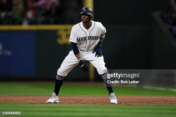 Keon Broxton of the Seattle Mariners leads off during the game against the Oakland Athletics at T-Mobile Park on September 28, 2019 in Seattle,...