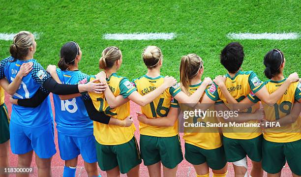 Players of Australia line up prior to the FIFA Women's World Cup Group D match between Australia and Norway at the FIFA World Cup stadium Leverkusen...