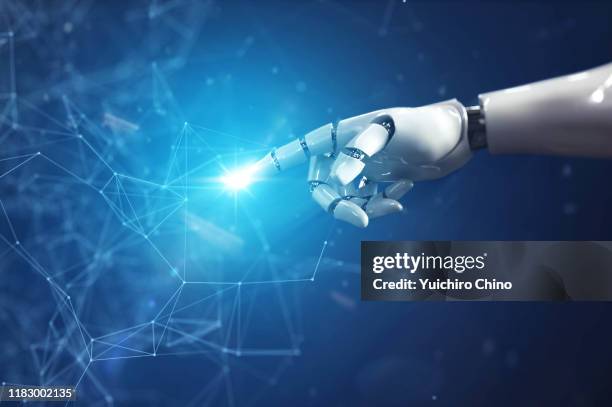 robot hand touching to network data - fake hand stock pictures, royalty-free photos & images