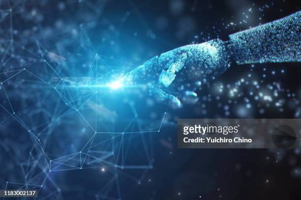 robot hand touching to network data - fake hand stock pictures, royalty-free photos & images