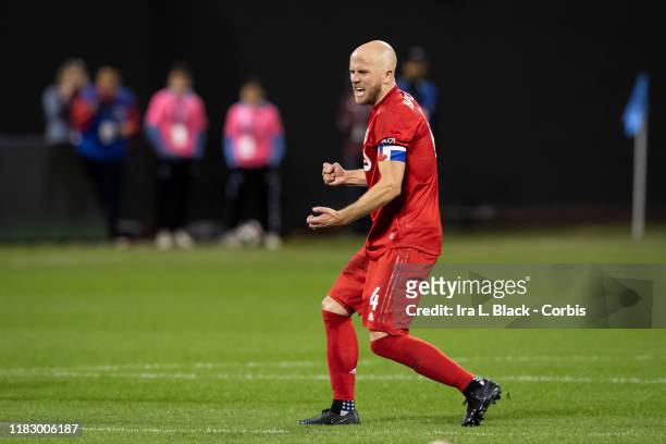 Captain Michael Bradley of Toronto FC shows all of his emotion as he reacts after the whistle blows at the end of the 2nd half of the 2019 MLS Cup...