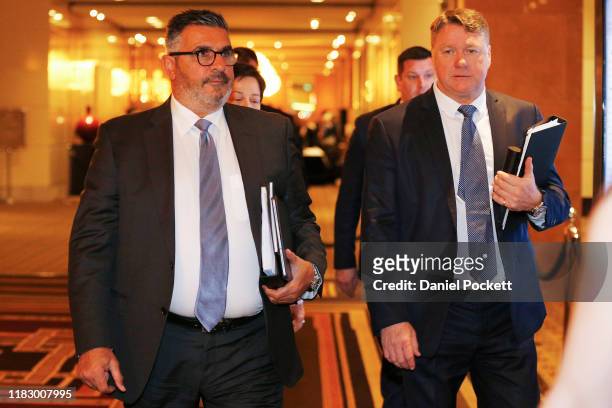 Andrew Demetriou and Michael Johnston, non executive Directors of Crown, leaves the Crown Resorts AGM on October 24, 2019 in Melbourne, Australia....
