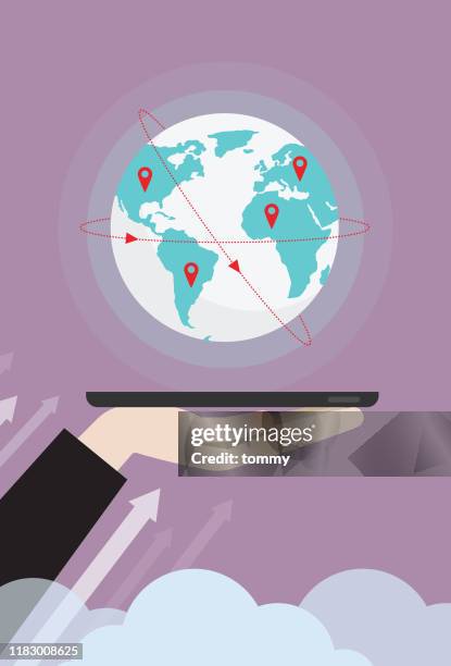 businessman raises a big globe from a mobile phone - asian smartphone stock illustrations