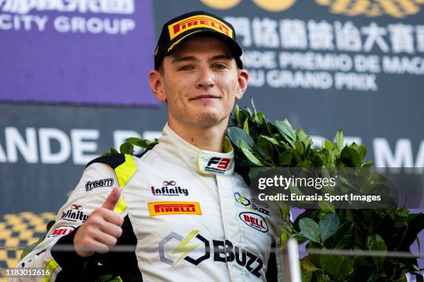 Carlin Buzz Racing driver Logan Sargeant of United States, poses for photo after finished the formula 3 Macau Grand Prix - FIA F3 world cup on day...