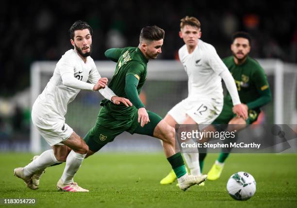 Dublin , Ireland - 14 November 2019; Sean Maguire of Republic of Ireland and Storm Roux of New Zealand during the International Friendly match...