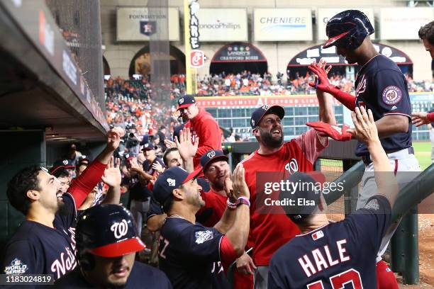 Michael A. Taylor of the Washington Nationals hits a solo home run against the Houston Astros during the ninth inning in Game Two of the 2019 World...