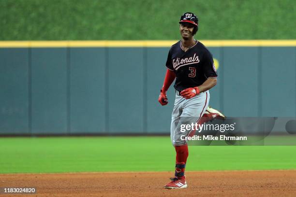 Michael A. Taylor of the Washington Nationals hits a solo home run against the Houston Astros during the ninth inning in Game Two of the 2019 World...