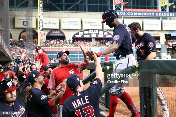 Michael A. Taylor of the Washington Nationals hits a solo home run against the Houston Astros during the ninth inning in Game Two of the 2019 World...