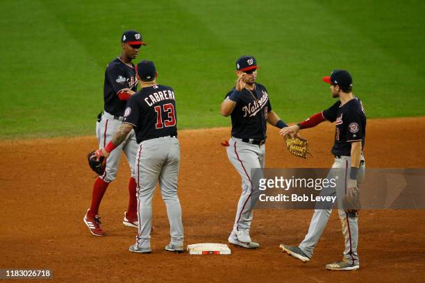The Washington Nationals celebrate their 12-3 win over the Houston Astros in Game Two of the 2019 World Series at Minute Maid Park on October 23,...