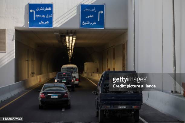 November 2019, Egypt, Ismailia: Cars drive inside the new Ismailia motorway tunnels during a guided tour, as part of celebrations marking the 150th...