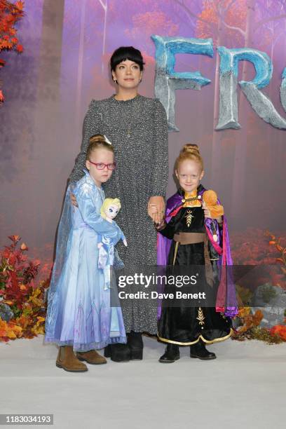 Lily Allen and daughters Marnie Rose Cooper and Ethel Cooper attend the European Premiere of "Frozen 2" at the BFI Southbank on November 17, 2019 in...