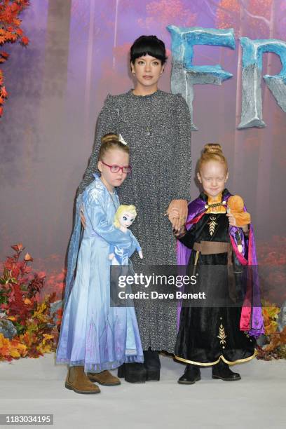 Lily Allen and daughters Marnie Rose Cooper and Ethel Cooper attend the European Premiere of "Frozen 2" at the BFI Southbank on November 17, 2019 in...