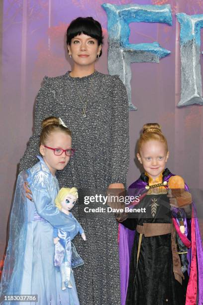 Lily Allen and daughters Marnie Rose Cooper and Ethel Cooper attend the European Premiere of "Frozen 2" at the BFI Southbank on November 17, 2019 in...