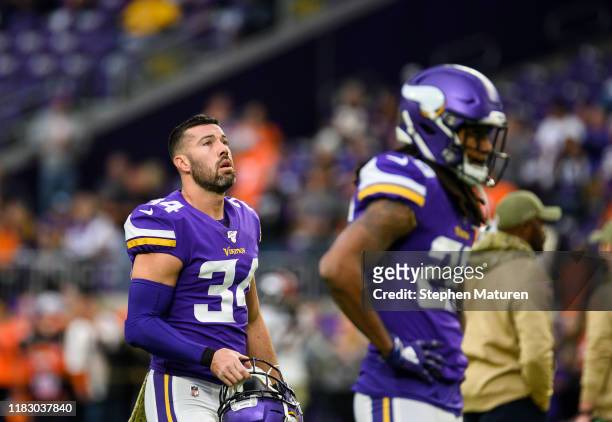 Andrew Sendejo of the Minnesota Vikings warms up before the game against the Denver Broncos at U.S. Bank Stadium on November 17, 2019 in Minneapolis,...