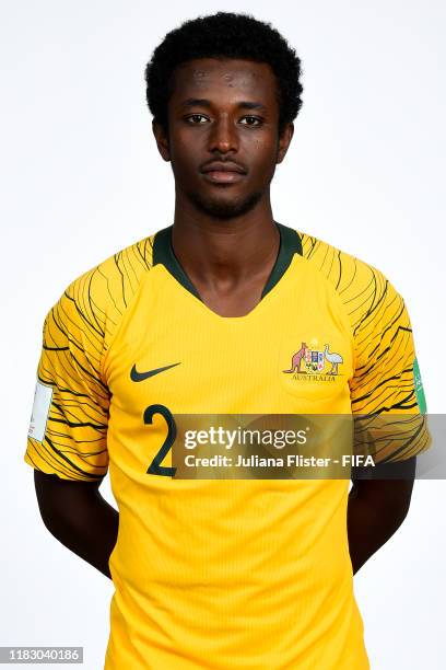 Idrus Abdulahi poses during the U17 Australia team presentation⁄ on October 23, 2019 in Goiania, Brazil.