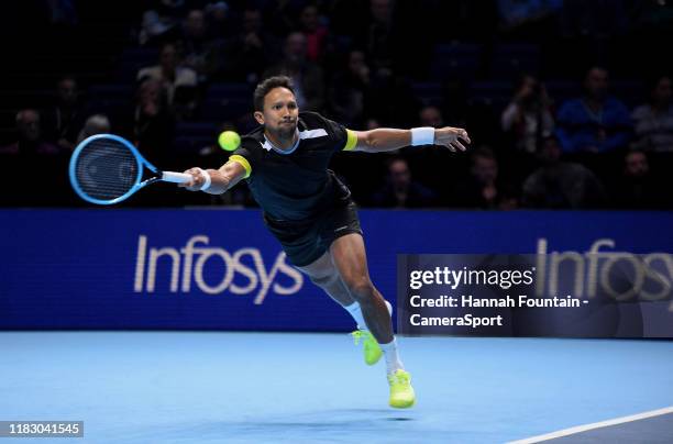 Raven Klaasen in action with his partner Michael Venus against against Pierre-Hugues Herbert and Nicolas Mahut in their Doubles Final match during...