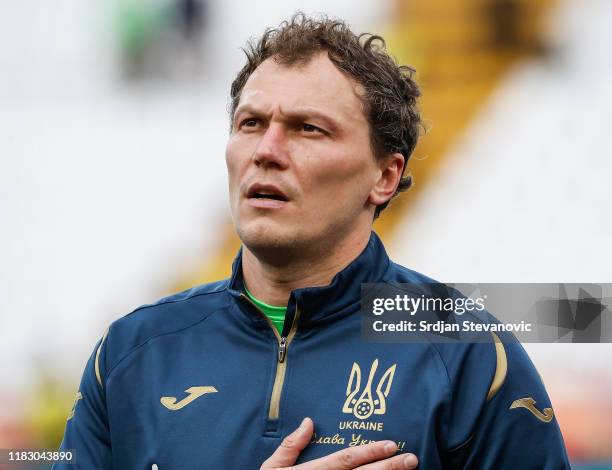 Goalkeeper Andriy Pyatov of Ukraine looks on prior to the UEFA Euro 2020 Qualifier between Serbia and Ukraine on November 17, 2019 in Belgrade,...