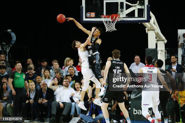 Hampton of the Breakers blocks the shot from LaMelo Ball of the Hawks during the round four NBL match between the New Zealand Breakers and the...