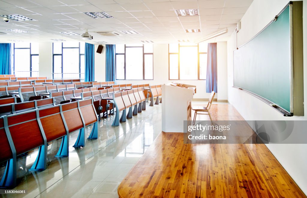 Desks and chairs in a lecture hall