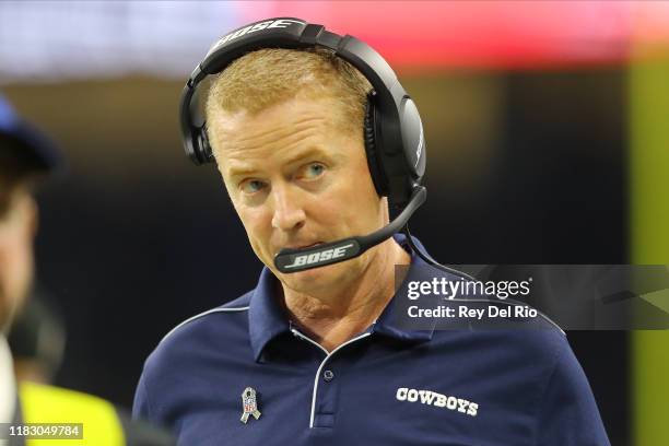 Head coach Jason Garrett of the Dallas Cowboys looks on during the second quarter against the Detroit Lions at Ford Field on November 17, 2019 in...