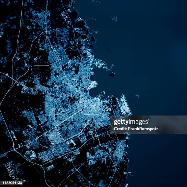 doha qatar 3d render blue top view feb 2019 - satellite view stock pictures, royalty-free photos & images