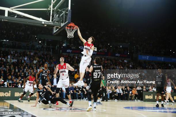 LaMelo Ball of the Hawks with a put back dunk during the round four NBL match between the New Zealand Breakers and the Illawarra Hawks at Spark Arena...