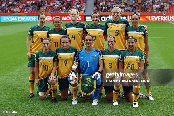 The Australian team pose prior to the FIFA Women's World Cup Group D match between Australia and Norway at FIFA World Cup stadium Leverkusen on July...