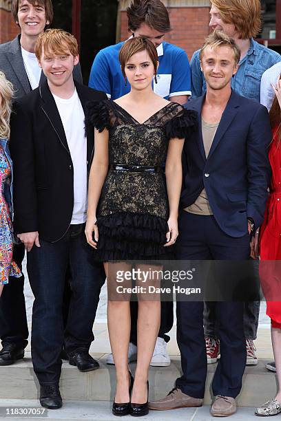Rupert Grint, Emma Watson and Tom Felton attend a photocall for Harry Potter and the Deathly Hallows at The Renaissance St Pancras Hotel on July 6,...