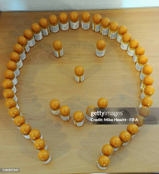 Shampoos are arranged as a smiley face in the Sweden changing room prior to the FIFA Women's World Cup 2011 Group C match between Sweden and USA at...