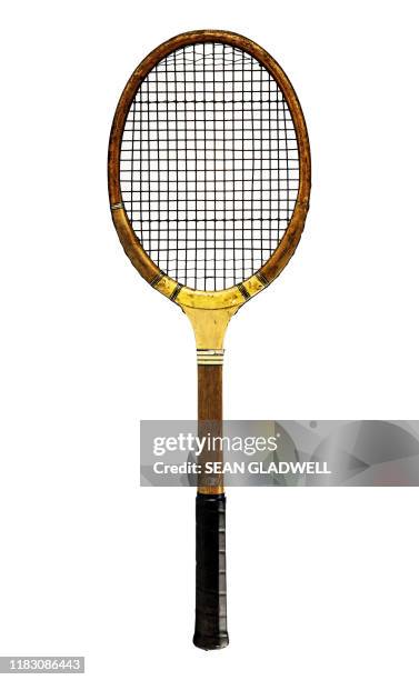 wooden retro tennis racket - tennisschläger stock-fotos und bilder