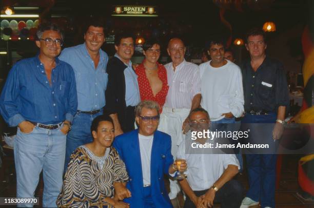French Politician Patrick Balkany attending Yves Mourousi and his wife's party at La Foux. Left to right, 1st raw : Rhoda Scott, Michou, Yves...