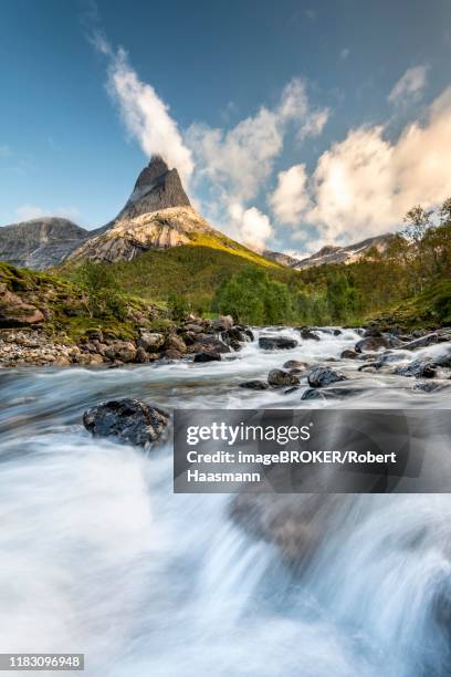 stetind, norwegian national mountain, in front torrent, tysfjord, ofoten, nordland, norway - stetind stock pictures, royalty-free photos & images