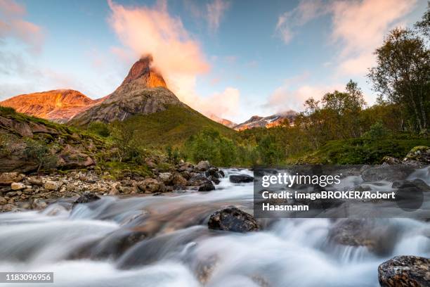 stetind at sunset, norwegian national mountain, in front torrent, tysfjord, ofoten, nordland, norway - stetind stock pictures, royalty-free photos & images