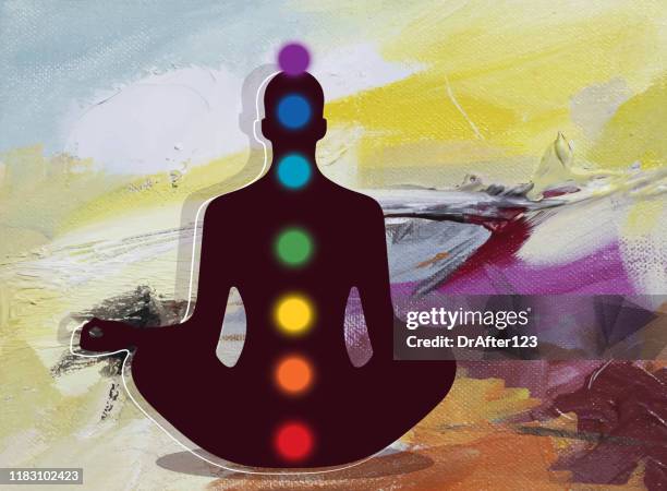 silhouette meditating human lotus pose and chakras on acrylic background - chakra stock illustrations