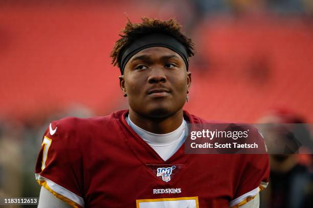 Dwayne Haskins of the Washington Redskins looks on after the game against the New York Jets at FedExField on November 17, 2019 in Landover, Maryland.