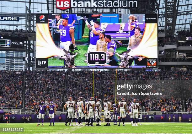 The Jumbotron gives a crowd noise decibel reading of 118.3 during a game between the Denver Broncos and Minnesota Vikings on November 17, 2019 at...