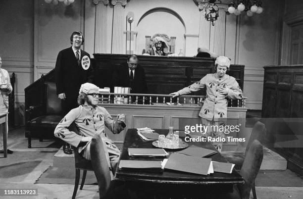 Comedic actors Jack Douglas, Graeme Garden, Tommy Godfrey , Bill Oddie and Tim Brooke-Taylor in a sketch from episode 'Goodies in the Nick' of the...